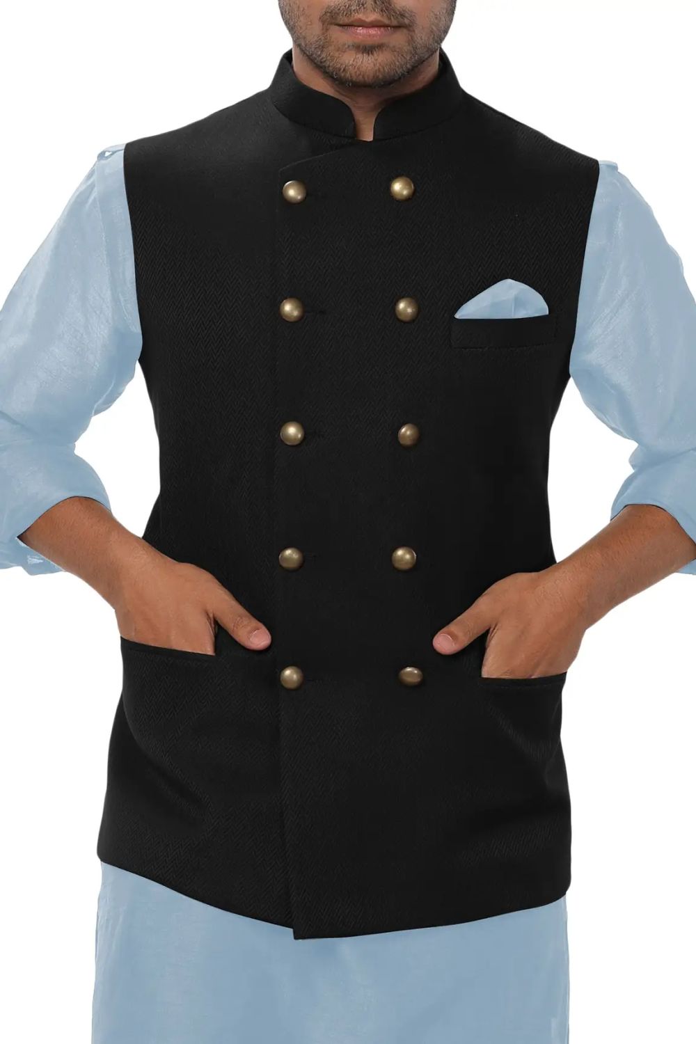 Sky Blue Suede Velvet Jacket Kurta Churidar