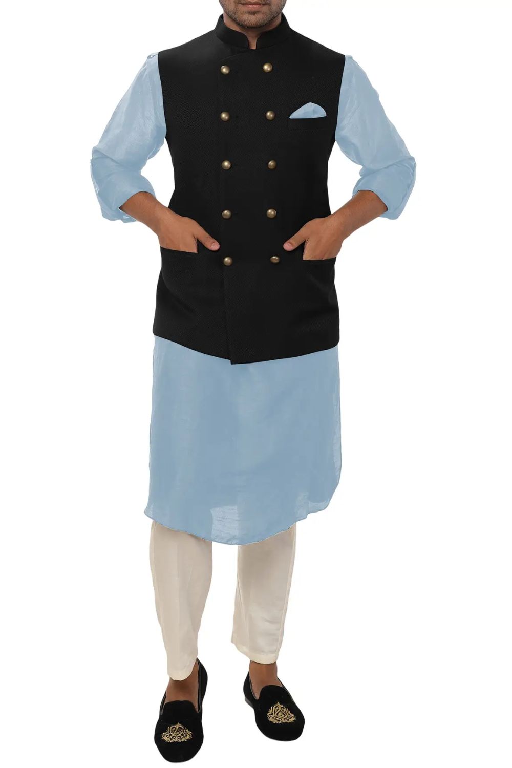 Sky Blue Suede Velvet Jacket Kurta Churidar