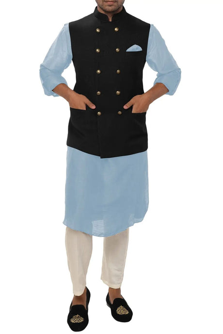 Sky Blue Suede Velvet Jacket Kurta Churidar