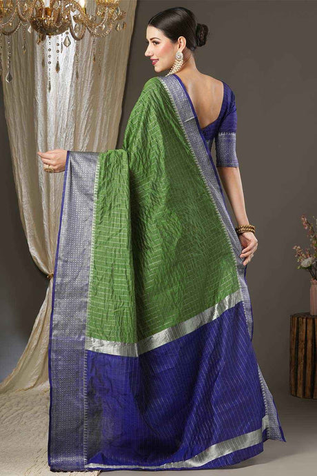 Green Aura Silk Checkered Woven Design Taant Saree