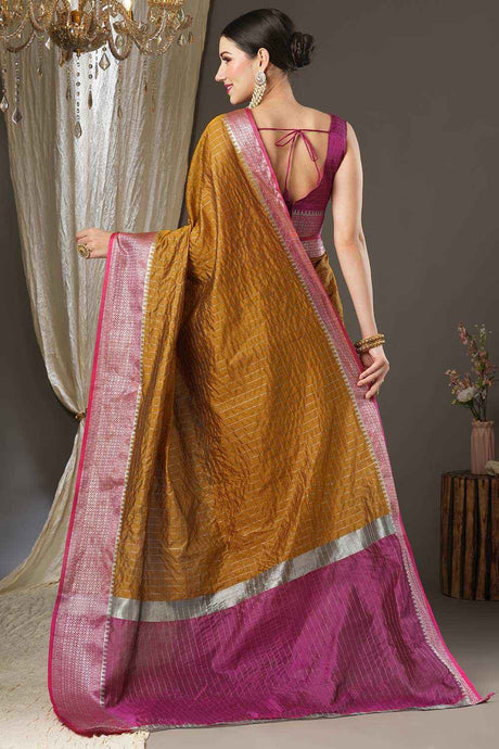 Mustard Aura Silk Checkered Woven Design Taant Saree