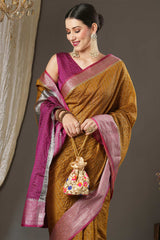 Mustard Aura Silk Checkered Woven Design Taant Saree