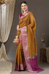 Mustard Aura Silk Checkered Woven Design Taant Saree