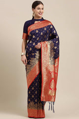 Navy Blue Kanjeevaram Silk Ethnic Motif Woven Design Saree