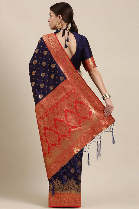 Navy Blue Kanjeevaram Silk Ethnic Motif Woven Design Saree