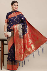 Navy Blue Kanjeevaram Silk Ethnic Motif Woven Design Saree