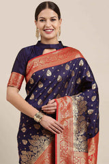 Navy Blue Kanjeevaram Silk Ethnic Motif Woven Design Saree