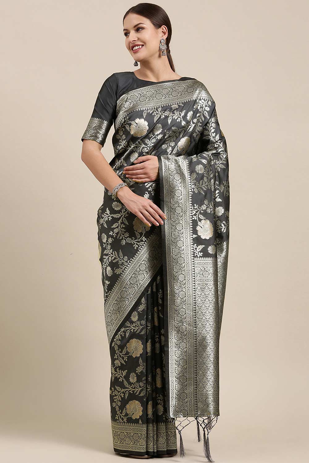 Grey Kanjeevaram Silk Floral Woven Design Saree