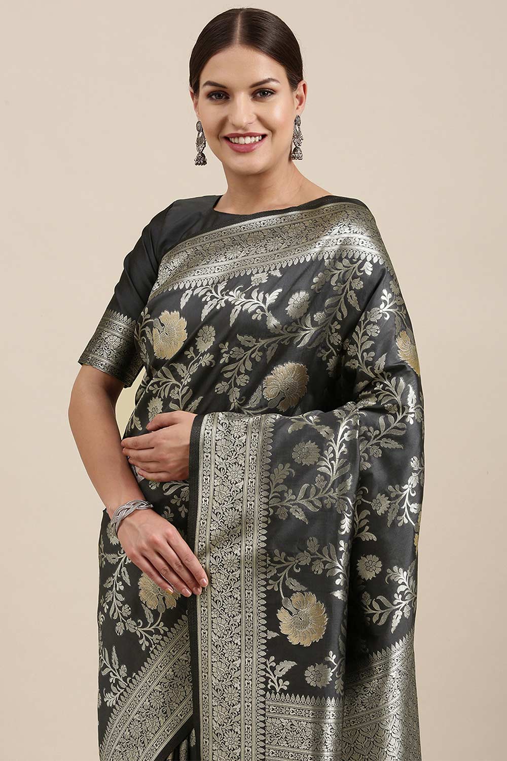 Grey Kanjeevaram Silk Floral Woven Design Saree