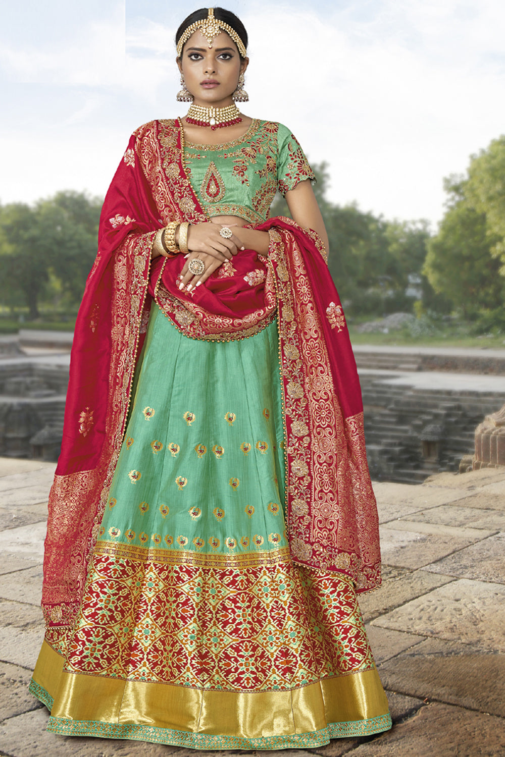 Jacquard Embroidered Lehenga Choli In Sea Green