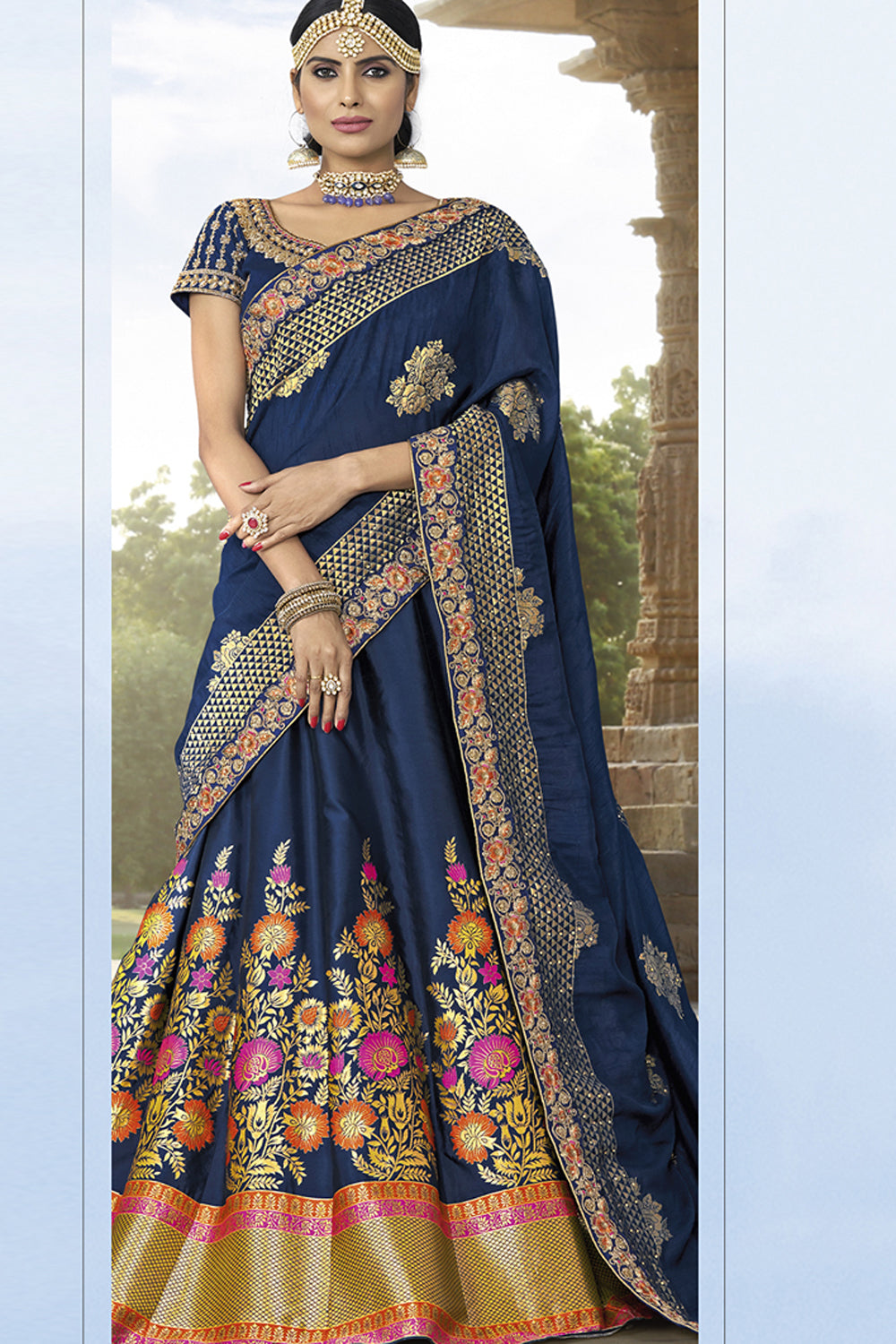 Jacquard Embroidered Lehenga Choli In Navy Blue