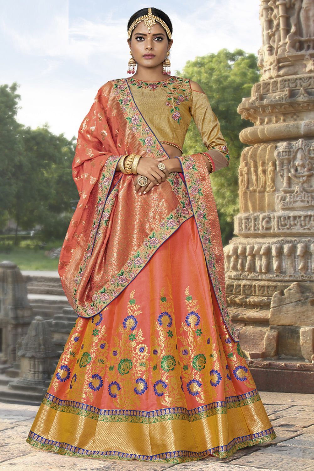 Jacquard Embroidered Lehenga Choli In Orange