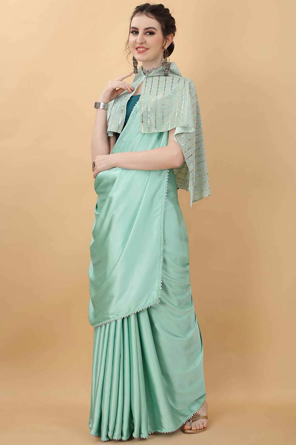 Art Silk Plain Sea Green Fancy Saree With Koti