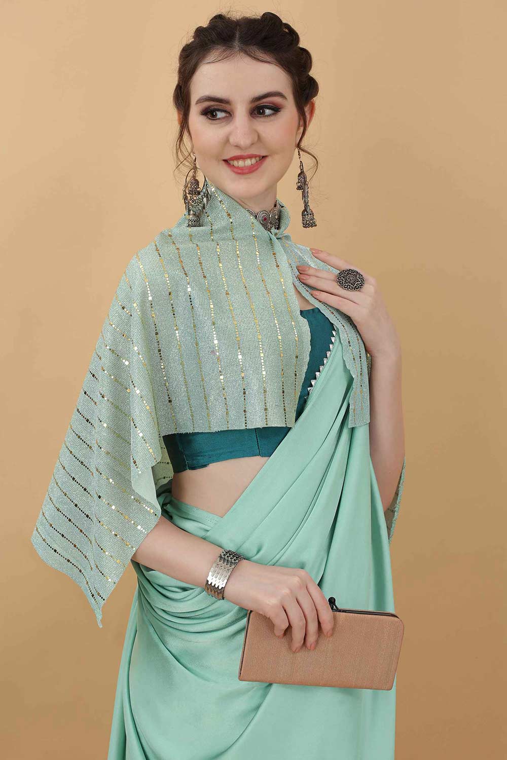 Art Silk Plain Sea Green Fancy Saree With Koti