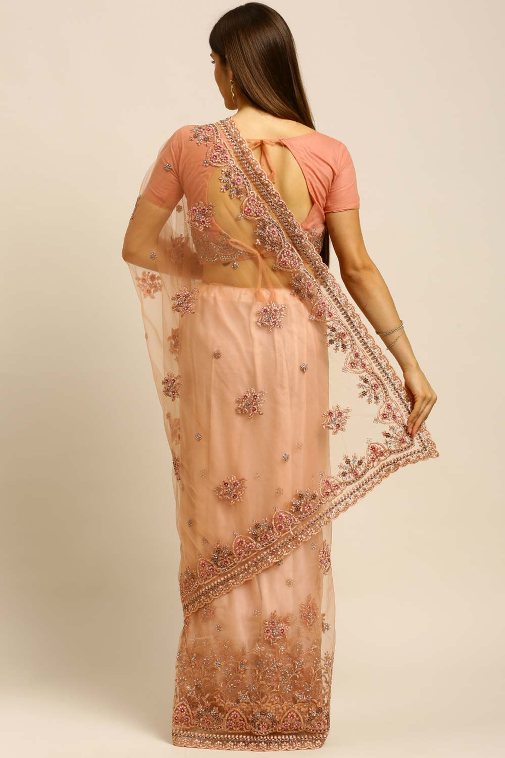 Net Embroidered Saree In Peach