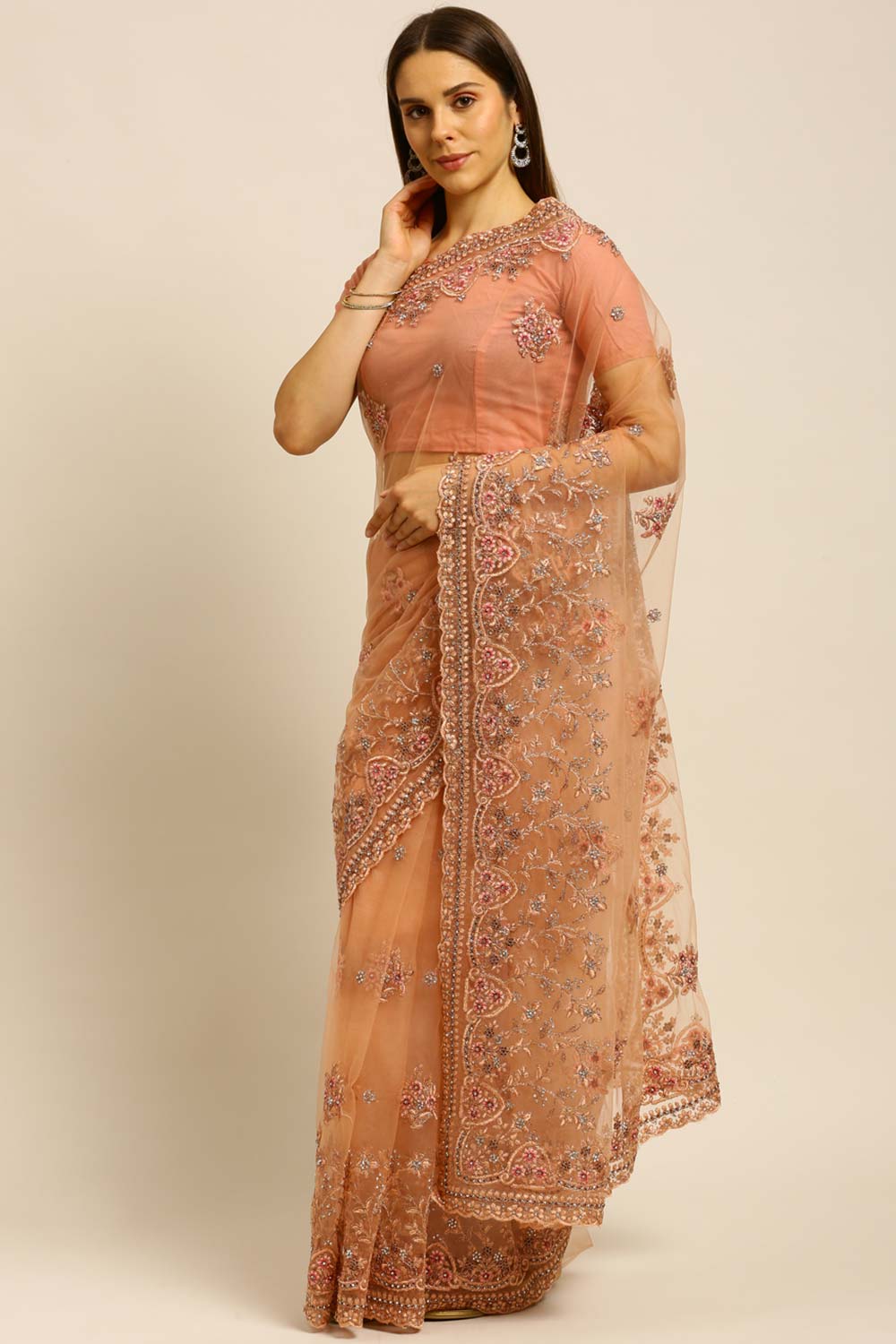 Net Embroidered Saree In Peach