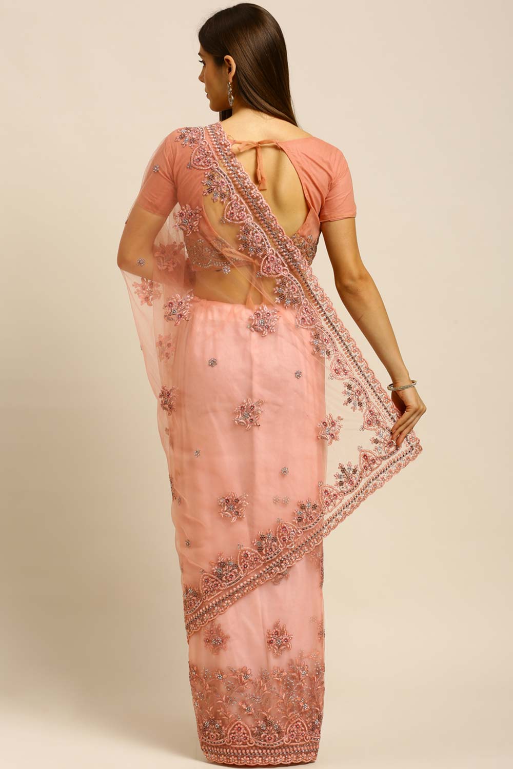 Net Embroidered Saree In Pink