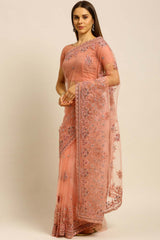 Net Embroidered Saree In Pink