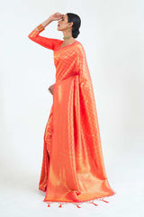 Bright Orange Handloom Weaving Art Silk  Saree