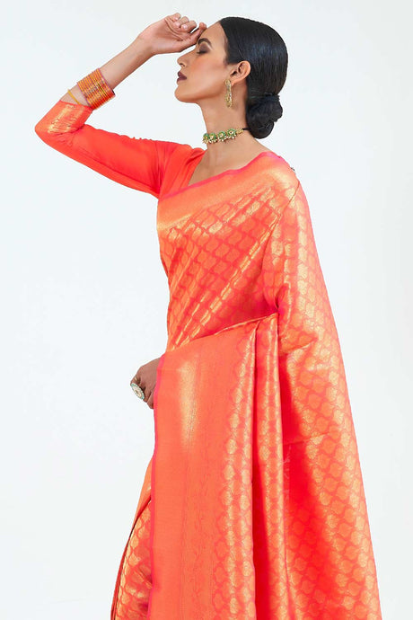 Bright Orange Handloom Weaving Art Silk  Saree