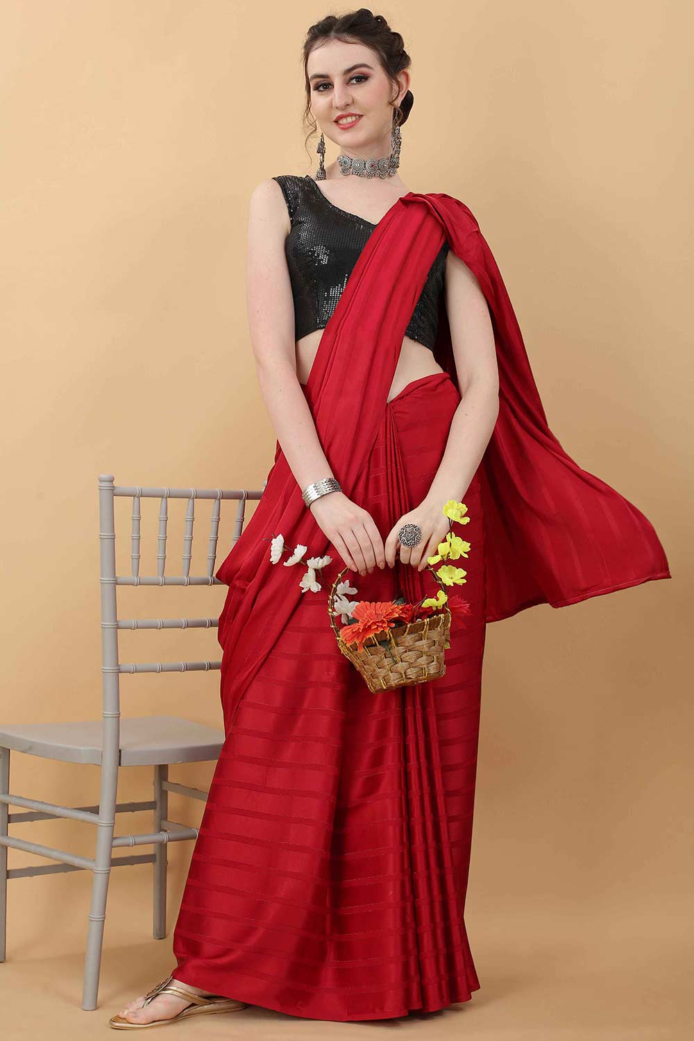 Cherry Red Party Wear Fancy Saree