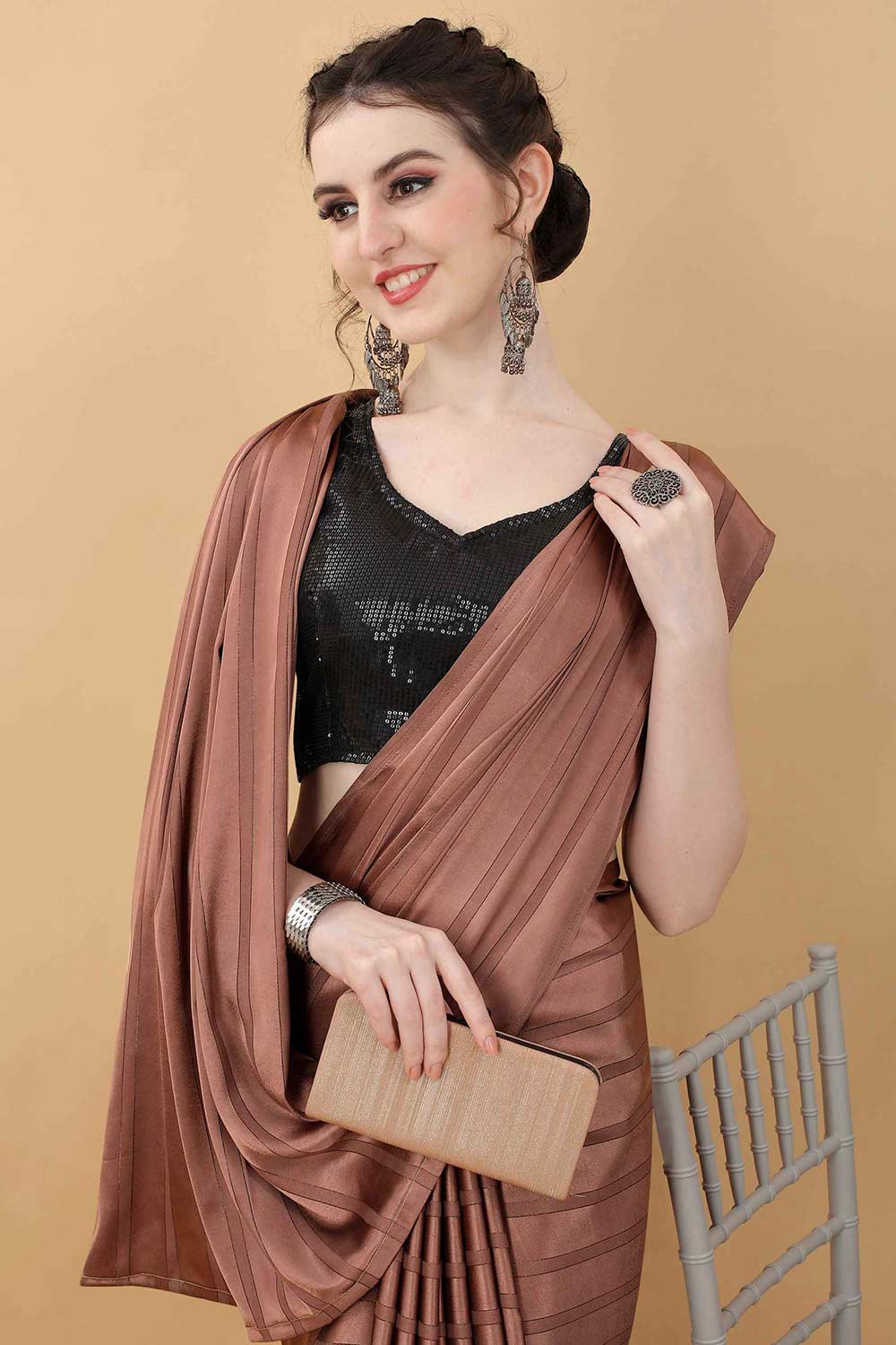 Dark Brown Party Wear Fancy Saree