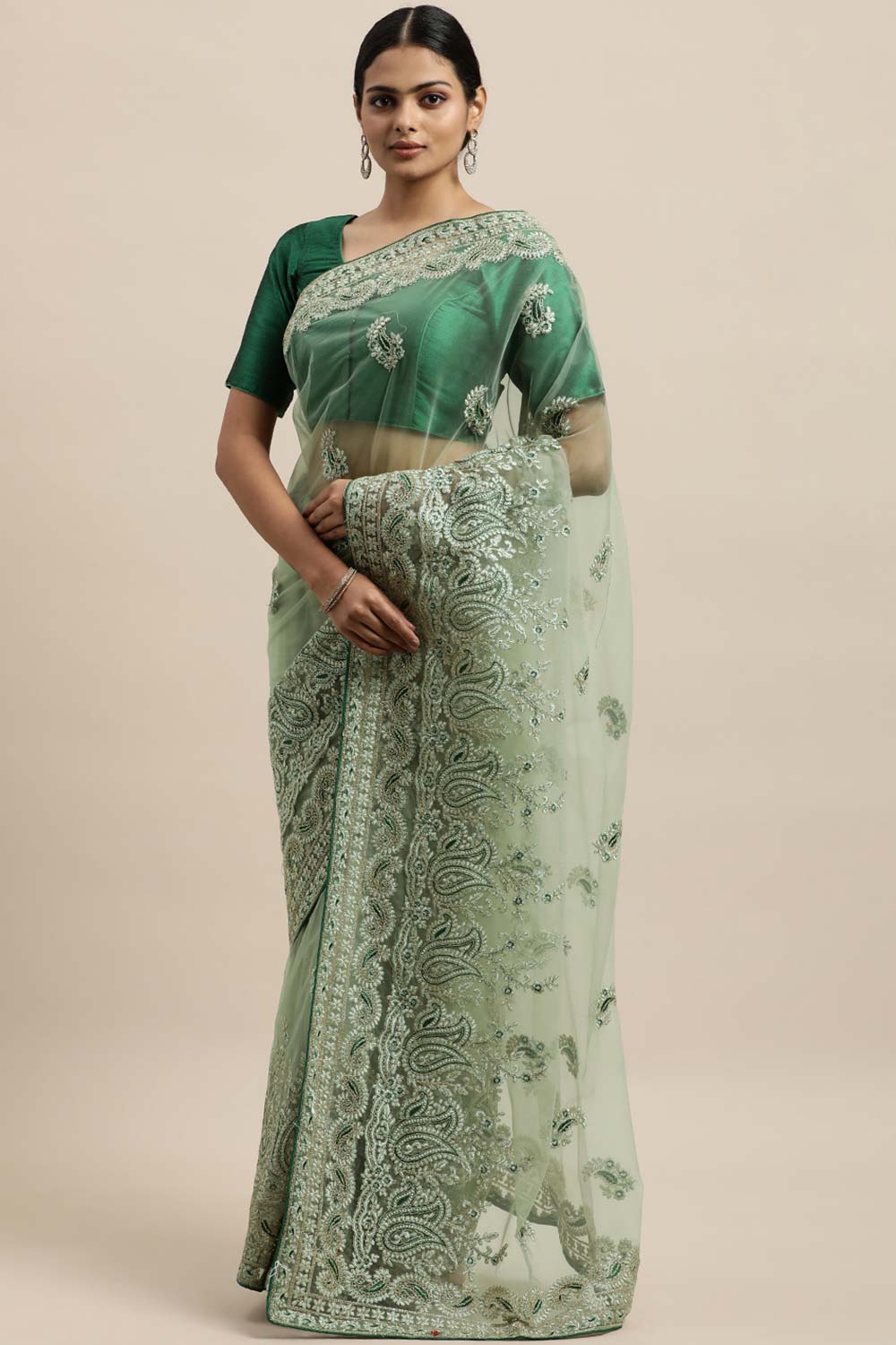 Net Embroidered Saree In Green