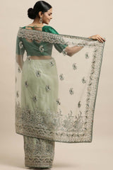 Net Embroidered Saree In Green