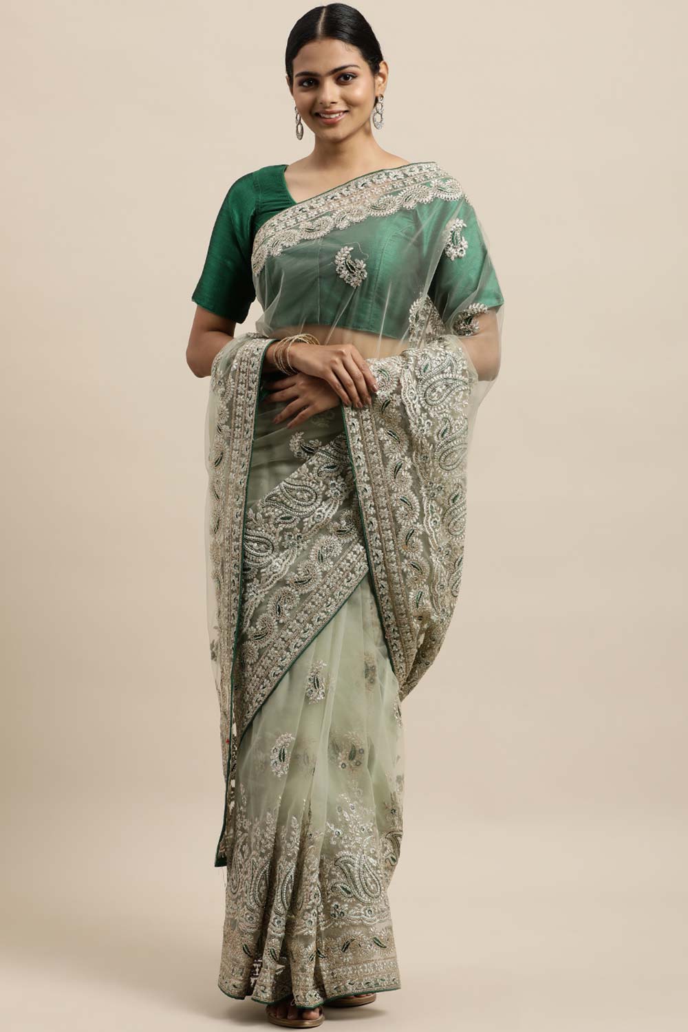 Net Embroidered Saree In Green