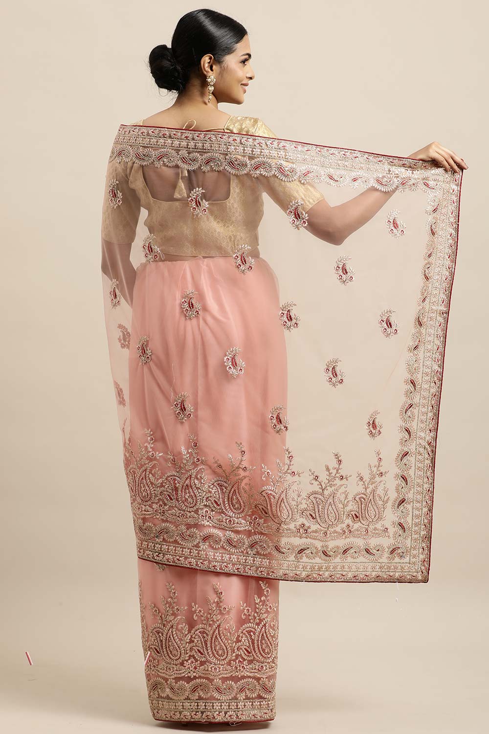 Net Embroidered Saree In Peach