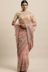 Net Embroidered Saree In Peach