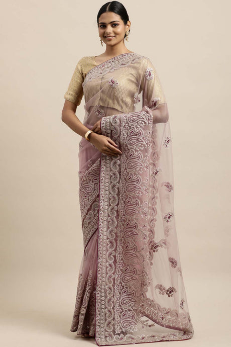 Net Embroidered Saree In Pink