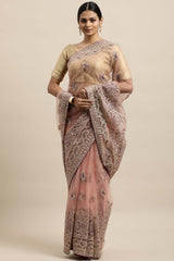 Net Embroidered Saree In Pink