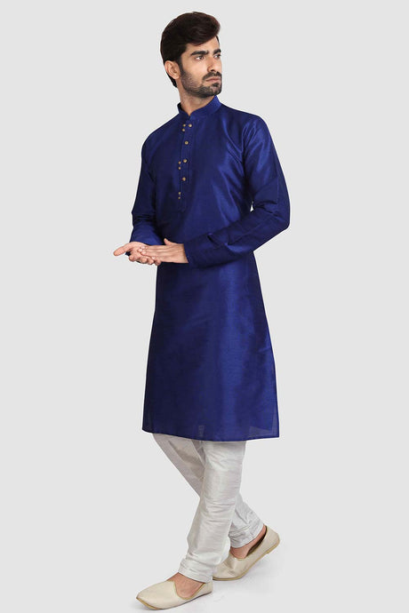 Buy Blue Art Dupion Silk Plain Kurta Pajama Online - Karmaplace