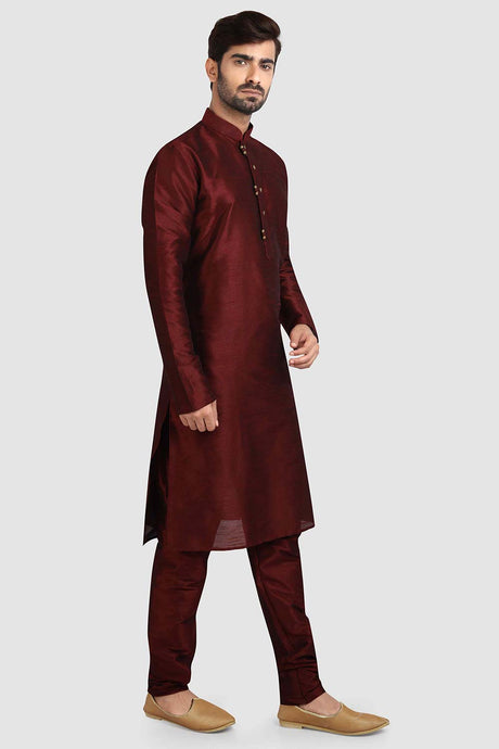 Buy Maroon Art Dupion Silk Plain Kurta Pajama Online - Karmaplace