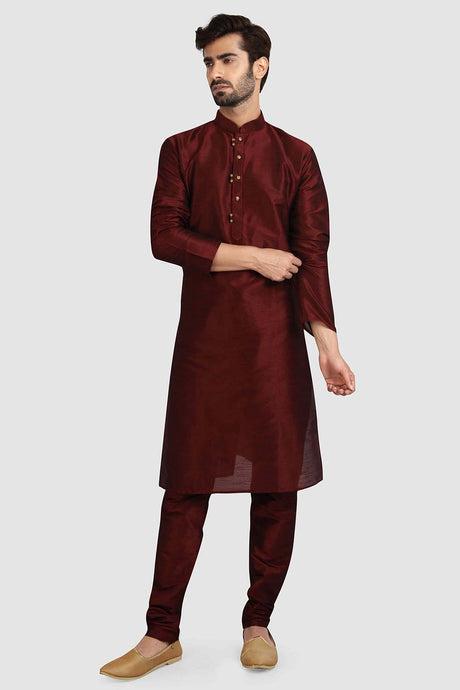 Buy Maroon Art Dupion Silk Plain Kurta Pajama Online - Karmaplace