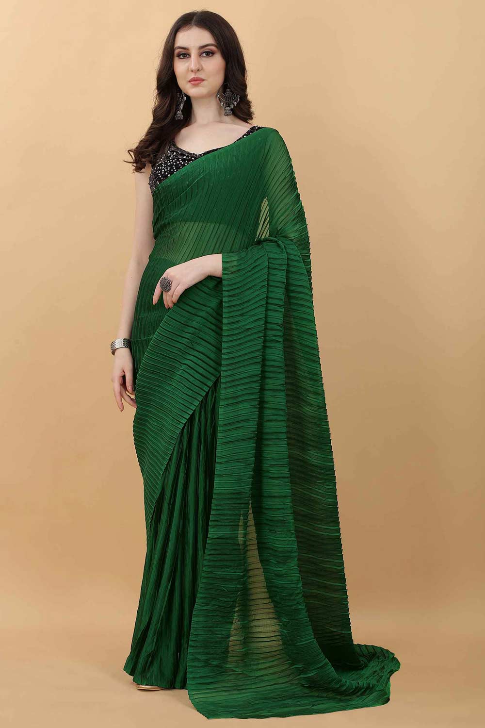 Dark Green Party Wear Fancy Pleated Saree