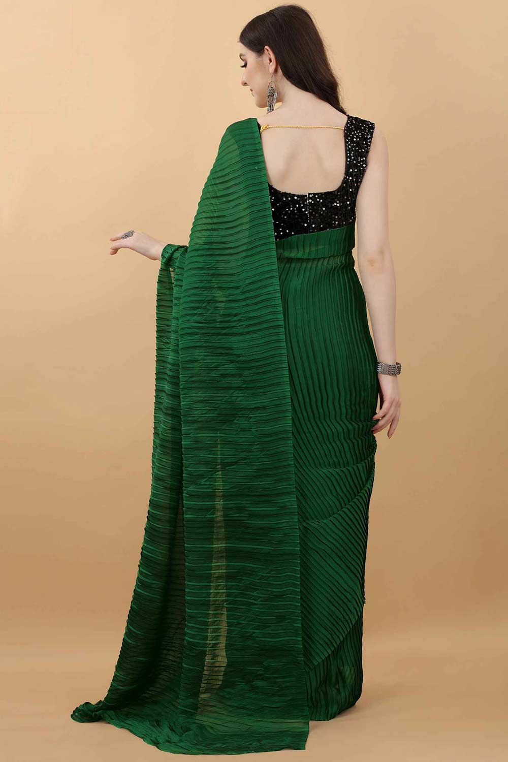 Dark Green Party Wear Fancy Pleated Saree