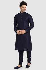 Buy Blue Art Dupion Silk Plain Kurta Pajama Online - Karmaplace