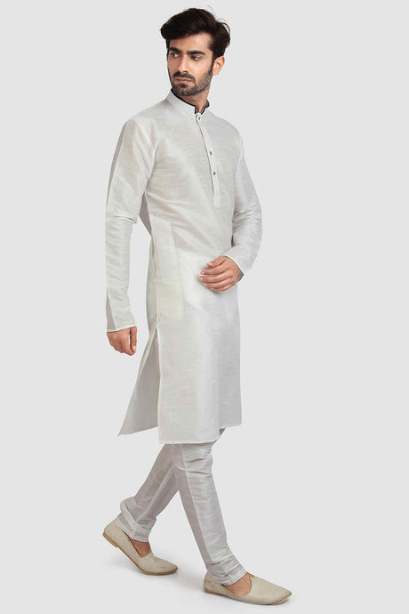 Buy White Art Dupion Silk Plain Kurta Pajama Online - Karmaplace