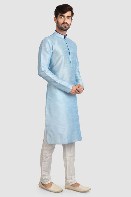 Buy Blue Art Dupion Silk Plain Kurta Pajama Online - Karmaplace