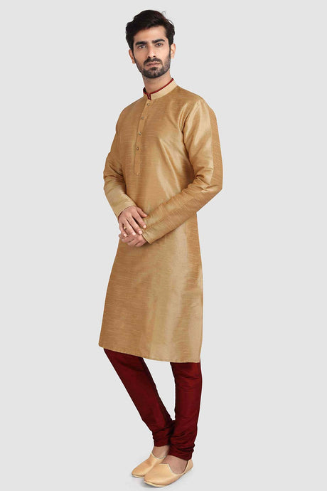 Buy Gold Art Dupion Silk Plain Kurta Pajama Online - Karmaplace