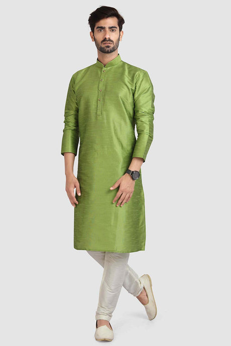 Buy Green Art Dupion Silk Plain Kurta Pajama Online - Karmaplace