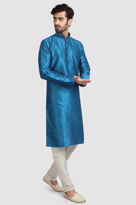 Buy Blue Art Dupion Silk Plain Kurta Pajama Online - Karmaplace