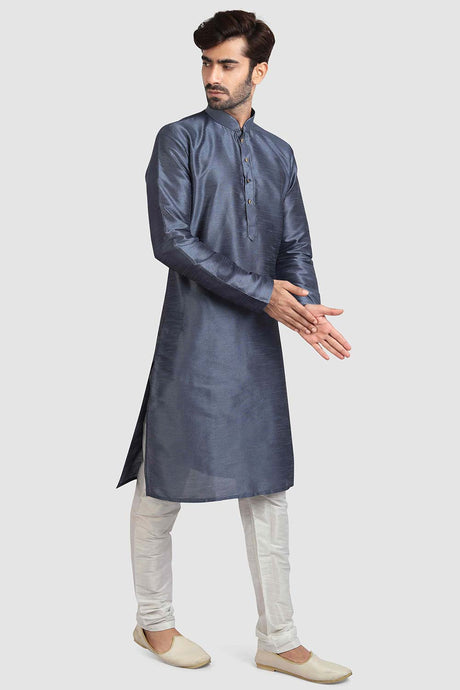 Buy Grey Art Dupion Silk Plain Kurta Pajama Online - Karmaplace