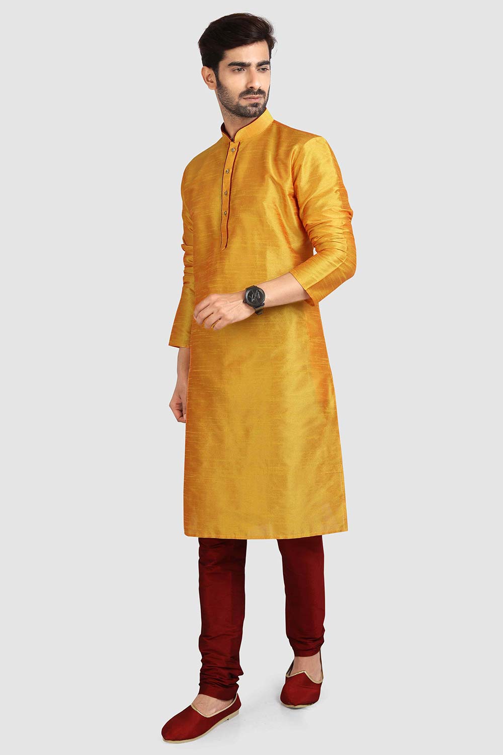 Buy Yellow Art Dupion Silk Plain Kurta Pajama Online - Karmaplace