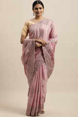 Chinon Embroidered Saree In Pink