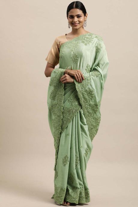 Chinon Embroidered Saree In Pista