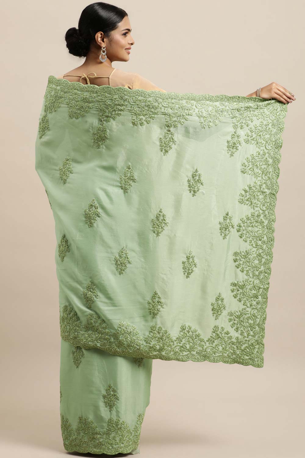 Chinon Embroidered Saree In Pista