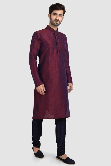 Buy Maroon Art Dupion Silk Plain Kurta Pajama Online - Karmaplace